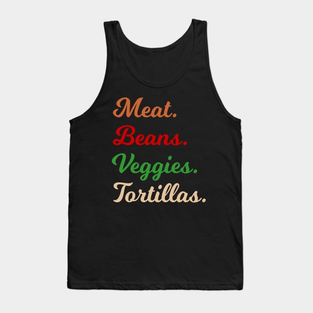 Meat. Beans. Veggies. Tortillas. Script font burrito ingredients Tank Top by Rocky Ro Designs